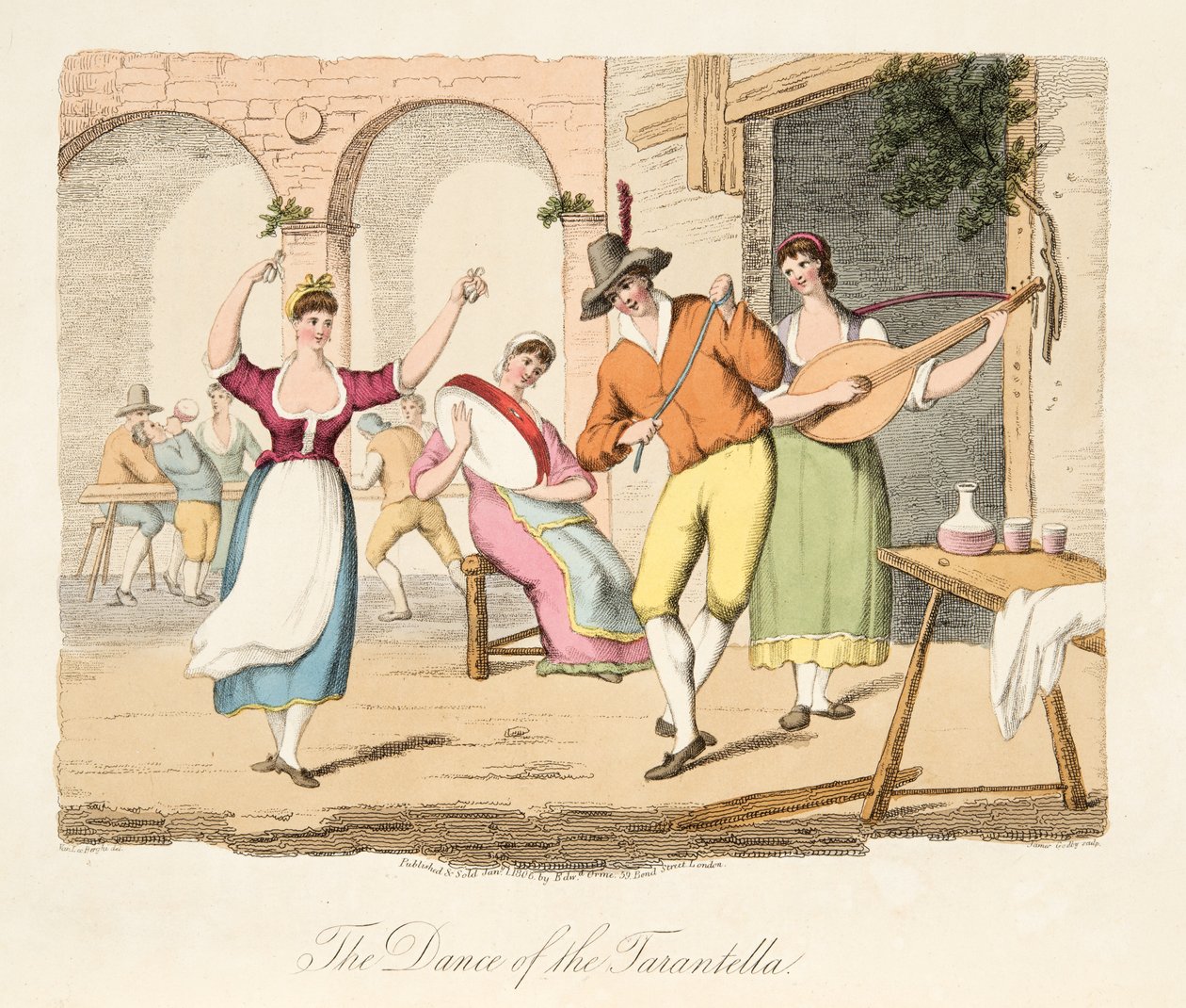 Tarantella-tanssi, italialaisesta maisemasta, joka edustaa Italian eri valtioiden tapoja, tottumuksia ja huvituksia, pub. 1806 (käsin väritetty kaiverrus). tekijältä after P. van Lerberghi