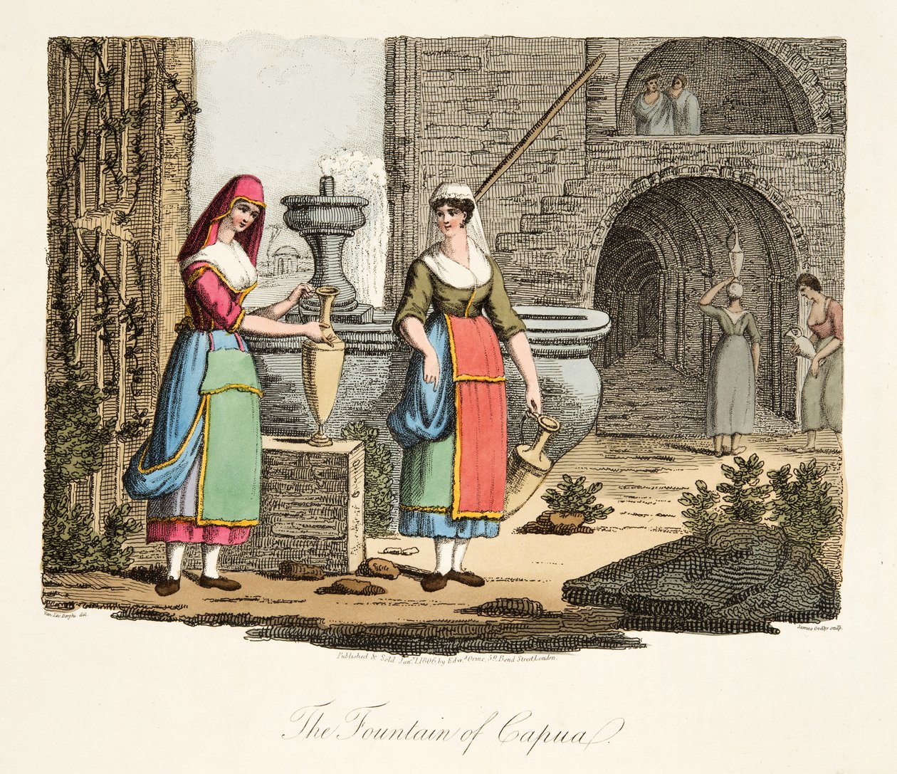 Capuan suihkulähde, teoksesta Italian maisemat, jotka esittävät Italian eri valtioiden tapoja, tottumuksia ja huvituksia, pub. 1806 (käsin väritetty kaiverrus). tekijältä after P. van Lerberghi