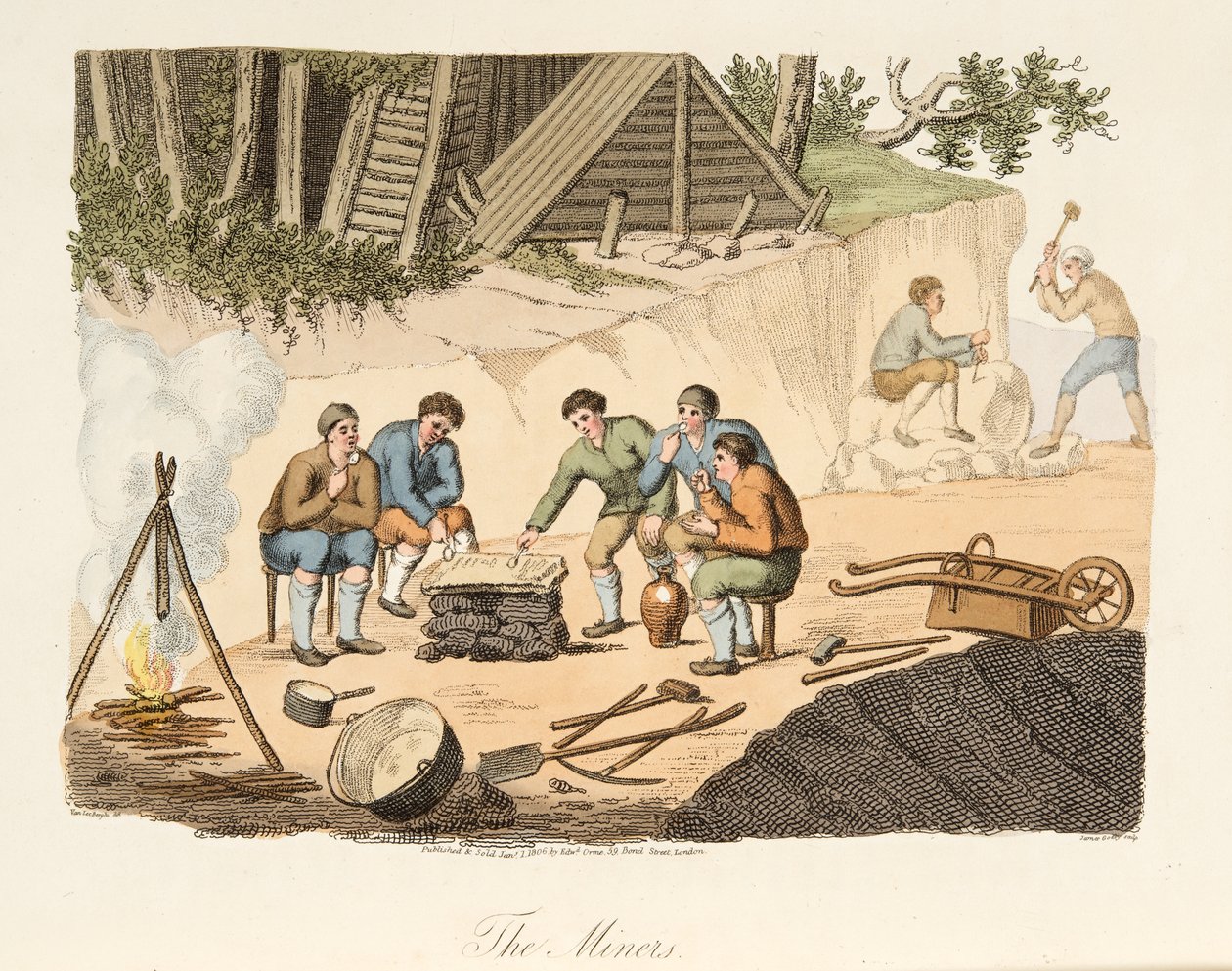 Grisanten louhimot, Italian maisemista, jotka edustavat Italian eri valtioiden tapoja, tottumuksia ja huvituksia, pub. 1806 (käsin väritetty kaiverrus). tekijältä after P. van Lerberghi