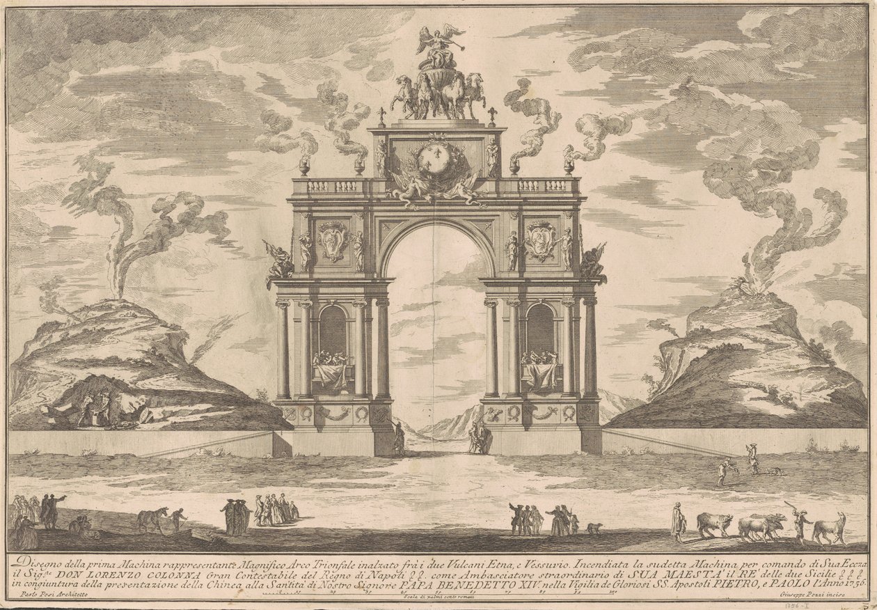 Prima Macchina Chinealle vuodelta 1756: Riemukaari Etna- ja Vesuvius-vuoren välillä tekijältä after Paolo Posi Giuseppe Pozzi