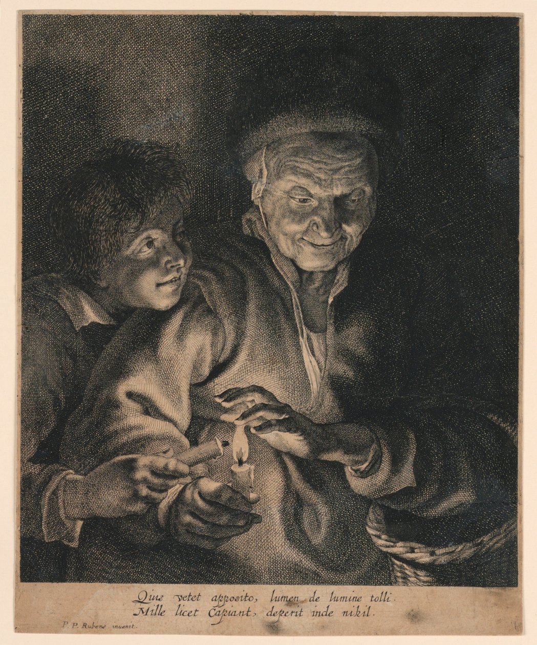 Vanha nainen ja poika kynttilöiden kanssa tekijältä after Peter Paul Rubens