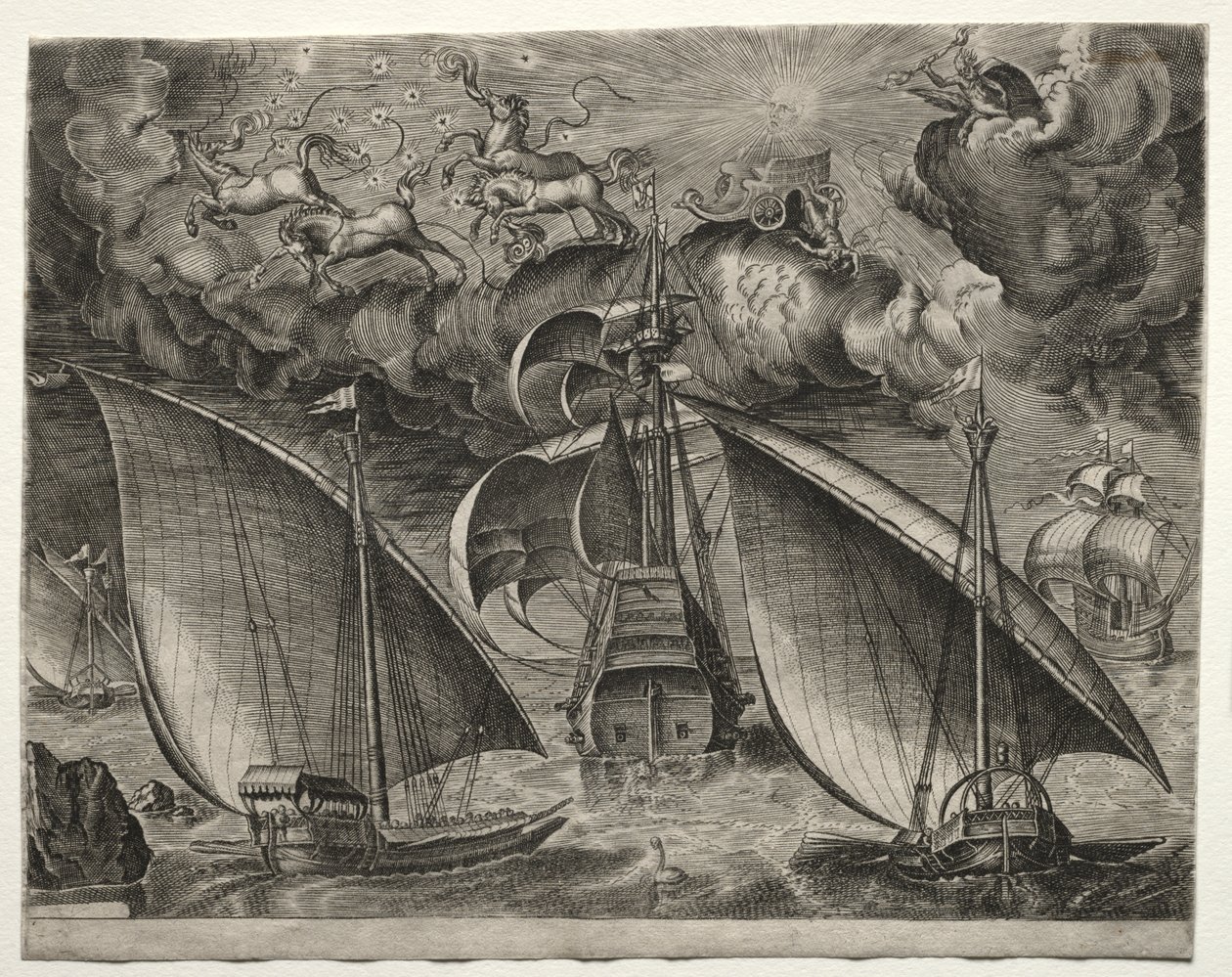 Purjealukset: Kaksi keittiötä purjehtimassa aseistetun kolmipäällikön takana Phaetonin ja Jupiterin kanssa taivaalla tekijältä after Pieter Bruegel