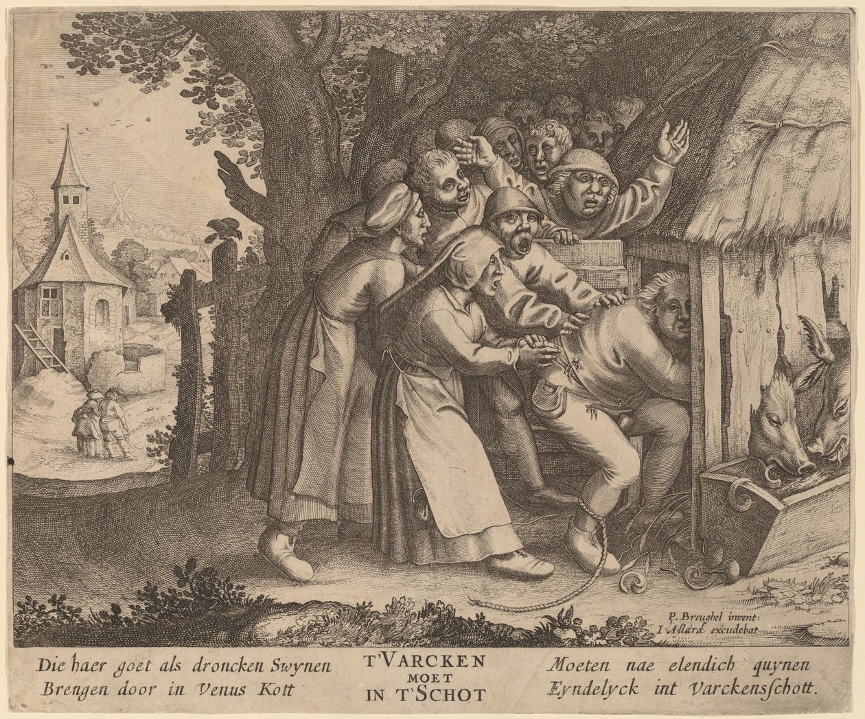 Juoppo työnnettiin sikataloon tekijältä after Pieter Bruegel the Elder