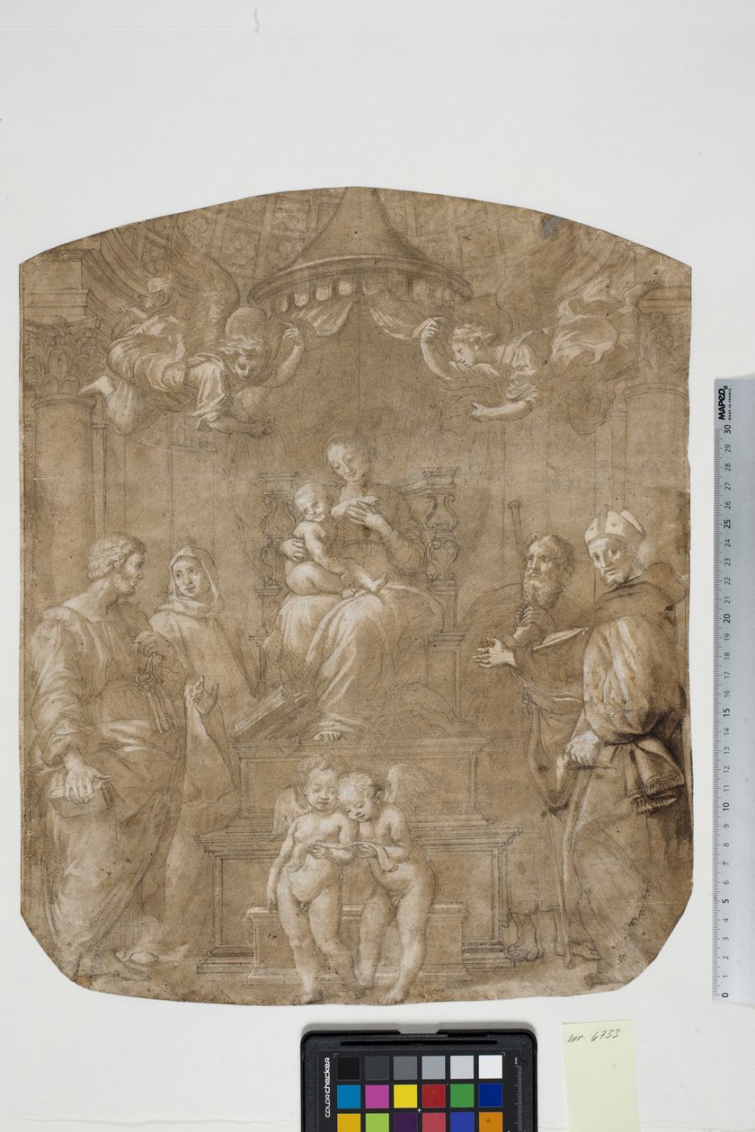 Madonna ja lapsi Pyhän Pietarin, Bernardin (tai Brunon), Jaakobin, Augustinuksen ja neljän enkelin, Madonna del Baldacchinon kanssa tekijältä after Raphael