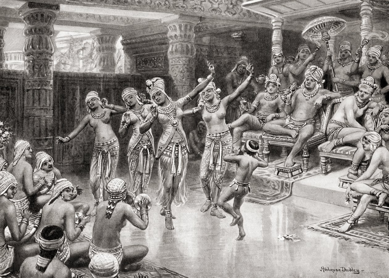 1800-luvun taiteilijan jäljennös Gautamiputra Satakaranista juhlimassa voittoaan Nahapanasta, Hutchinsons History of the Nations, pub.1915. tekijältä after Robert Dudley