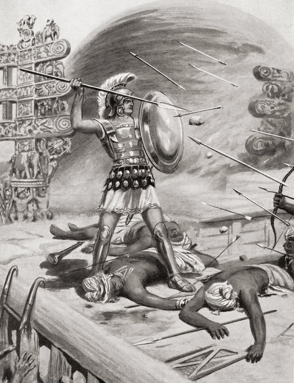 Aleksanteri Suuri taistelemassa assacanilaisia vastaan Massagan linnoitetussa kaupungissa Intiassa Intian sotaretkensä aikana vuonna 326 eKr, Hutchinsons History of the Nations, pub.1915. tekijältä after Robert Dudley