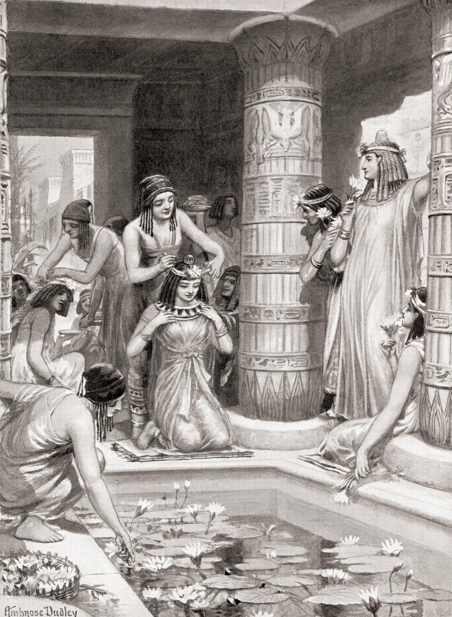 Muinaisessa Egyptissä päivälliselle saapuville vieraille annettiin vettä jalkojen ja käsien pesuun, heidät voideltiin tuoksuvalla öljyllä ja kruunattiin kukkaseppeleillä, Hutchinsons History of the Nations, pubi. tekijältä after Robert Dudley