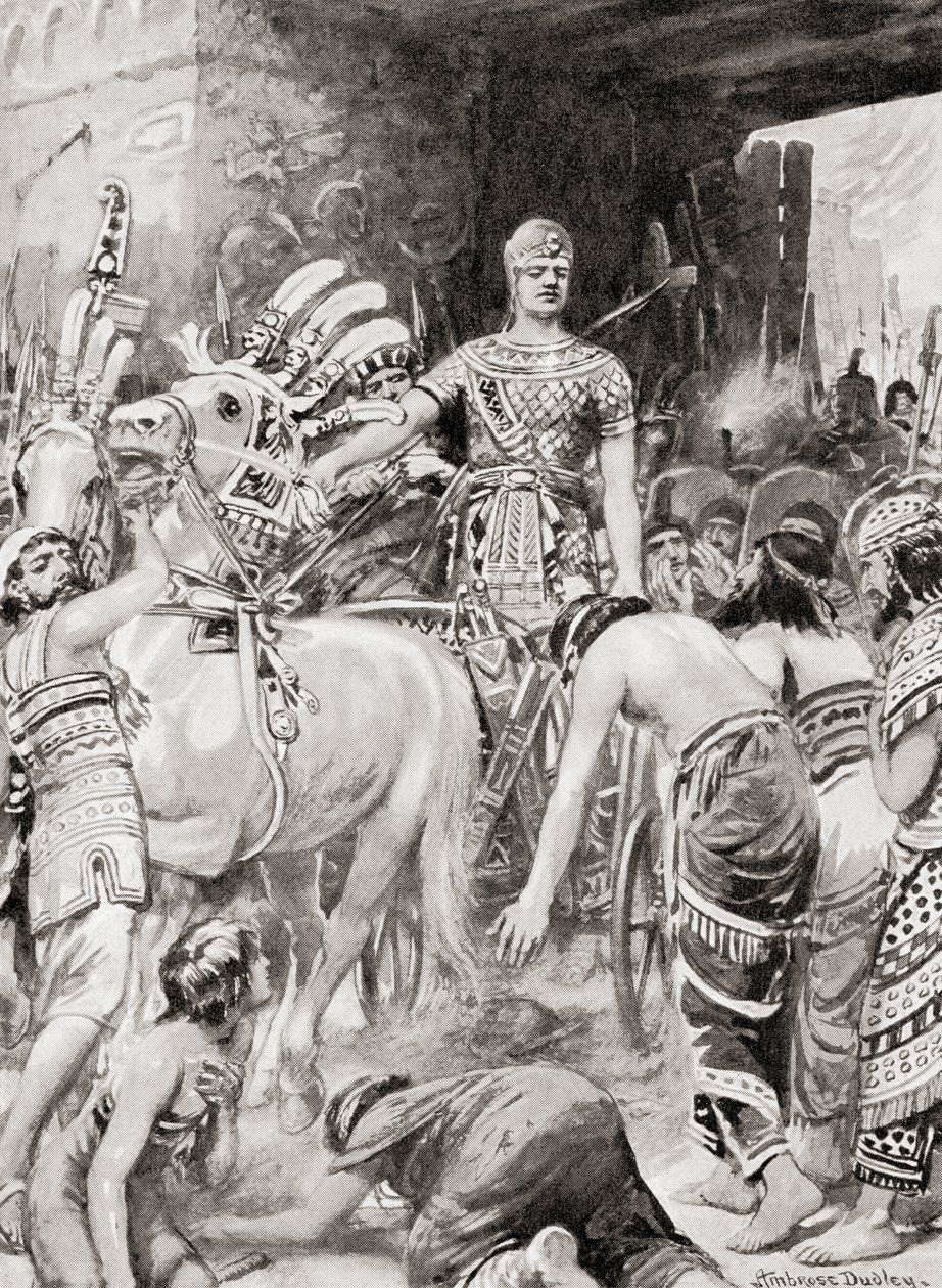 Egyptin Psamtik I astumassa Azotuksen tai Asdodin kaupunkiin, Hutchinsons History of the Nations, pub.1915. tekijältä after Robert Dudley
