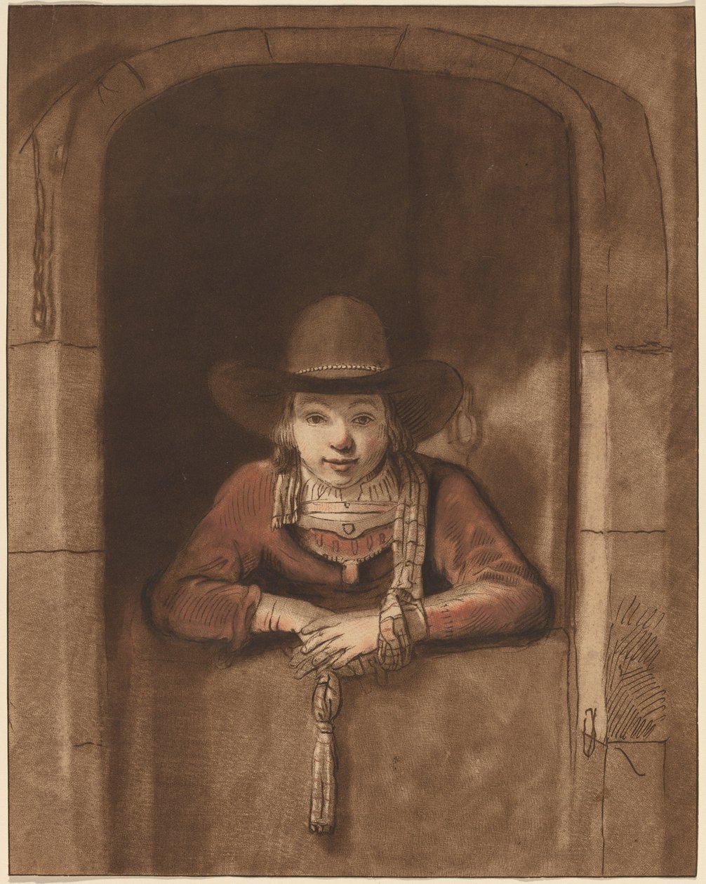 Poika nojaa alemman oven yli tekijältä after Samuel van Hoogstraten Cornelis Ploos