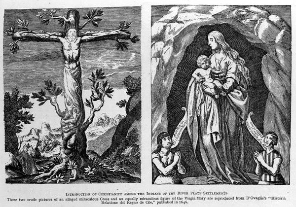 Kristinuskon esittely River Plate Settlementsin intiaanien keskuudessa, kopioitu dOvadlies Historia Relatione del Regno de Cile, pubista. vuonna 1646, teoksesta The Romance of the River Plate, osa. minä tekijältä Spanish School