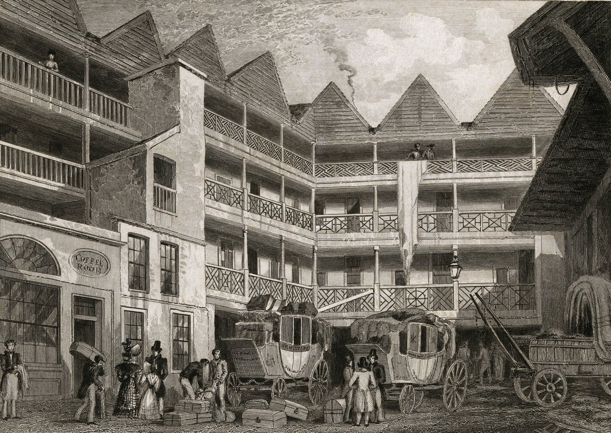 Old Bull and Mouth Inn, St Martins-le-Grand, 1831 tekijältä Thomas Hosmer after Shepherd