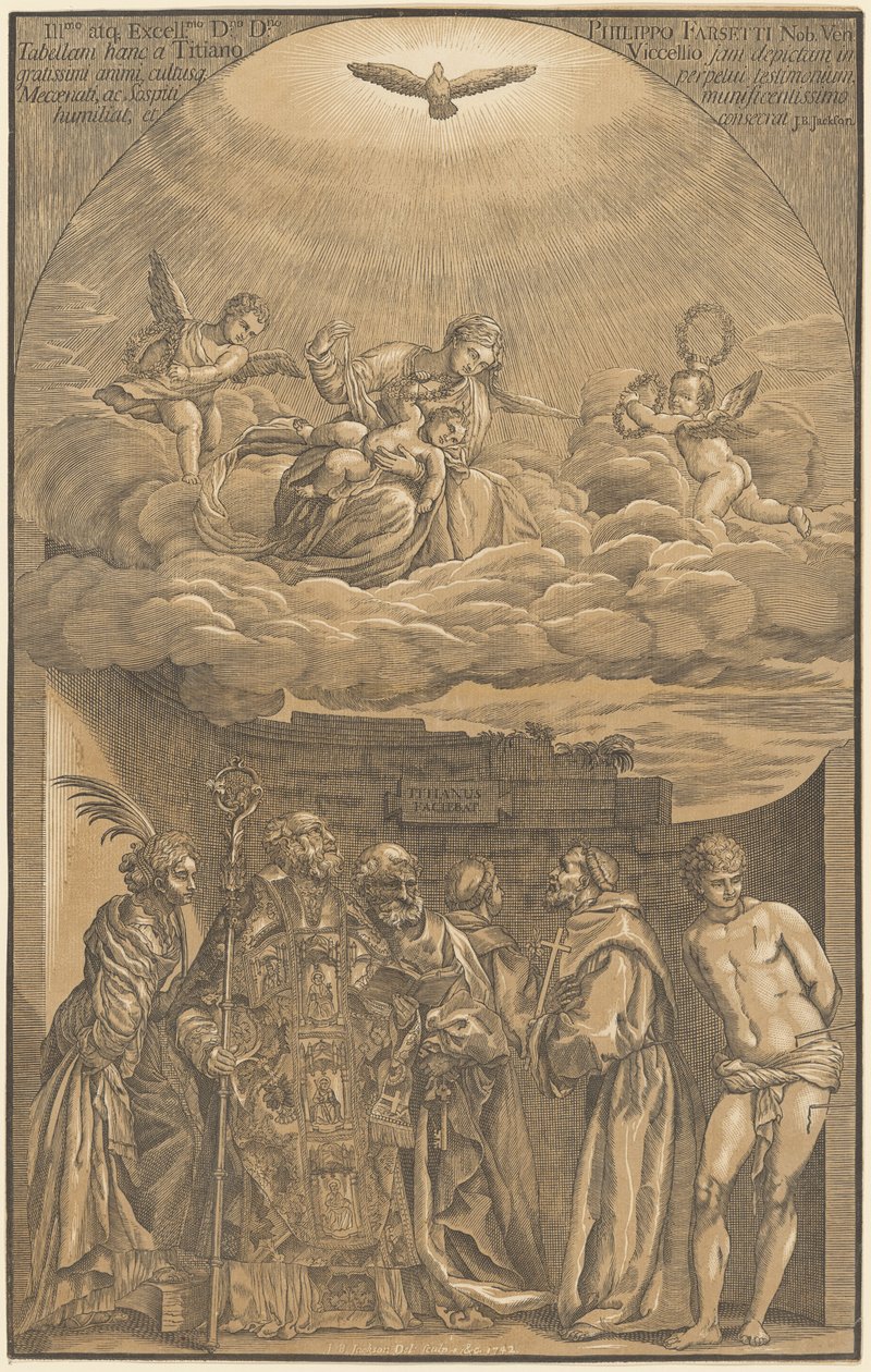Neitsyt ja lapsi pilvissä kuuden pyhän kanssa tekijältä after Titian John Baptist Jackson