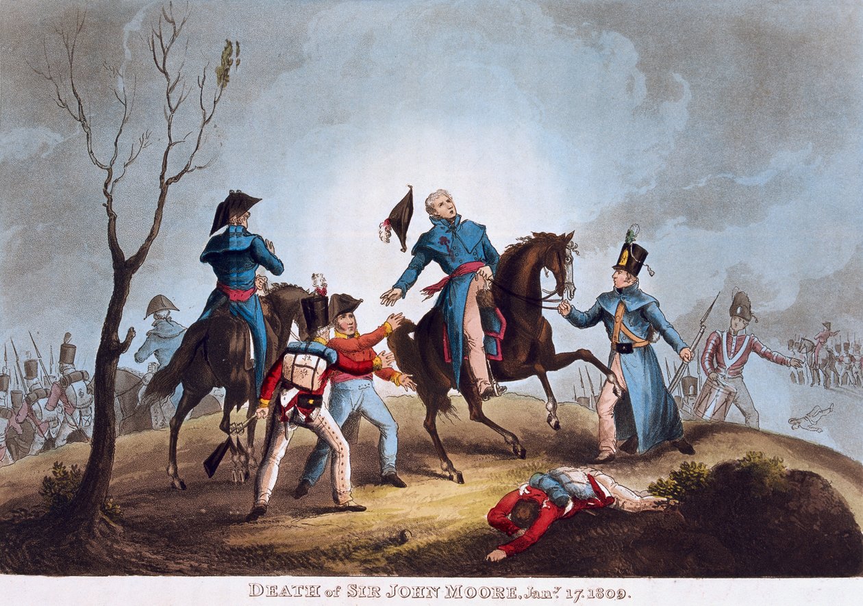 Sir John Mooren kuolema 17. tammikuuta 1809 (värillinen akvatinta) tekijältä after William Heath