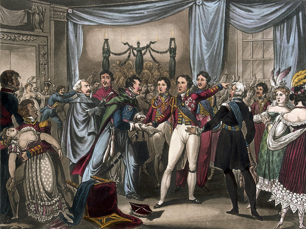 Lignyn taistelun tiedustelu, 1818 (värillinen akvatintta) tekijältä after William Heath