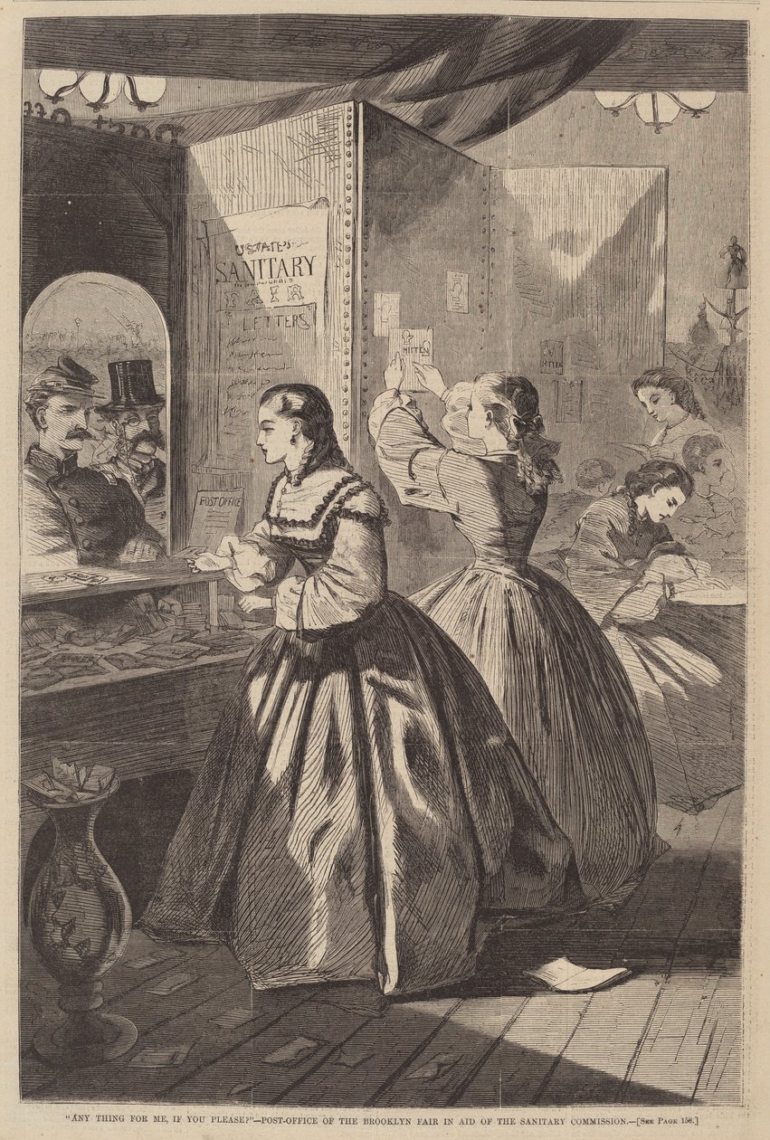 "Onko minulle mitään, jos haluat?" - Brooklynin messujen postitoimisto Sanitary Commissionin avuksi tekijältä after Winslow Homer