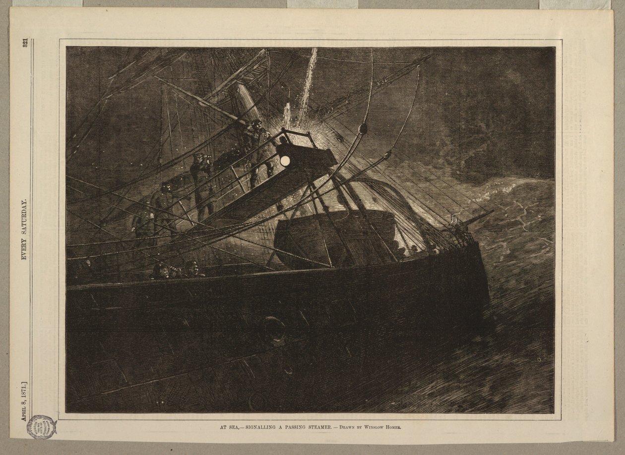 Merellä - signaloi ohikulkevaa höyrylaivaa tekijältä after Winslow Homer