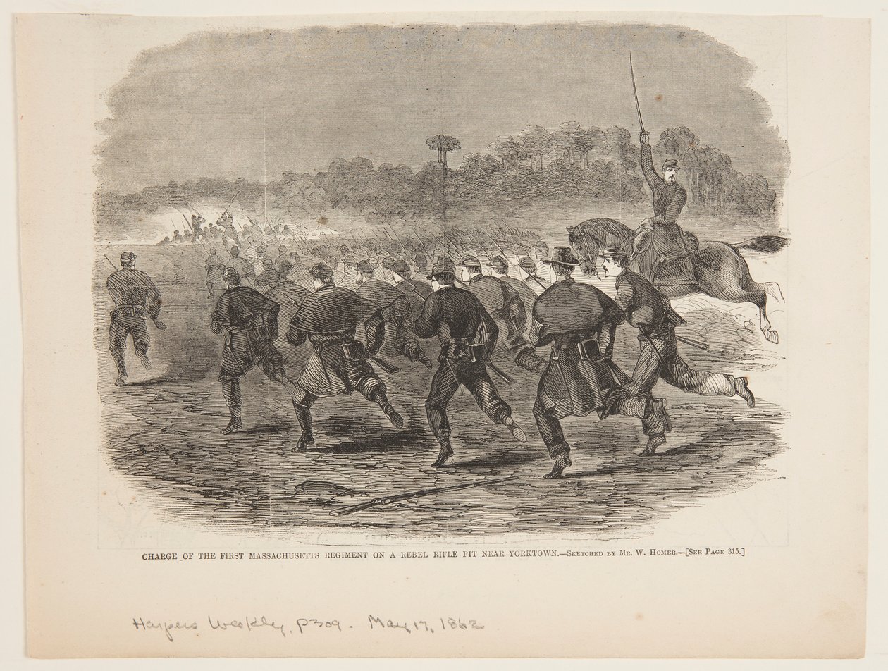 Ensimmäisen Massachusettsin rykmentin hyökkäys kapinallisten kiväärikuoppaan lähellä Yorktownia tekijältä after Winslow Homer