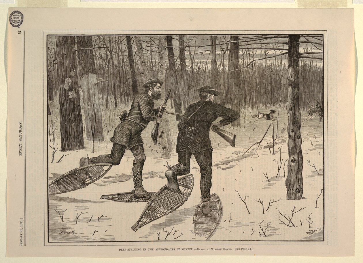 Deer-Stalking in the Adirondacks in Winter, joka lauantai, 21. tammikuuta 1871, s. 57 tekijältä after Winslow Homer