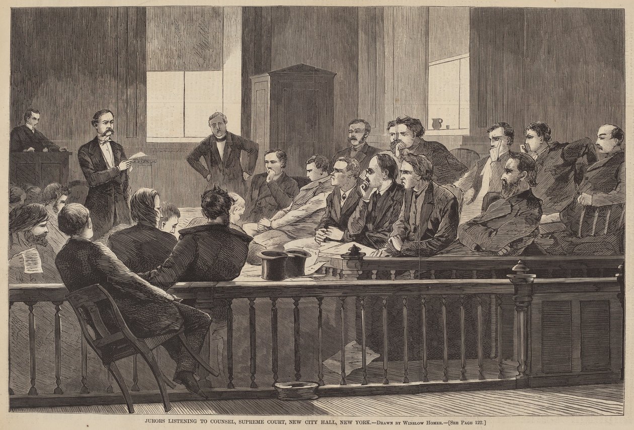 Valamiehet kuuntelevat asianajajaa, korkein oikeus, New City Hall, New York tekijältä after Winslow Homer