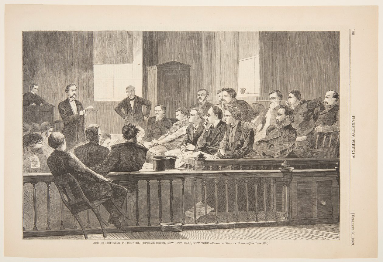 Valamiehet kuuntelevat asianajajaa, korkein oikeus, New City Hall, New York tekijältä after Winslow Homer