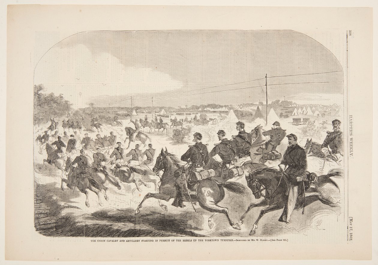 Unionin ratsuväki ja tykistö aloittaa kapinallisten takaa Yorktown Turnpikea pitkin tekijältä after Winslow Homer