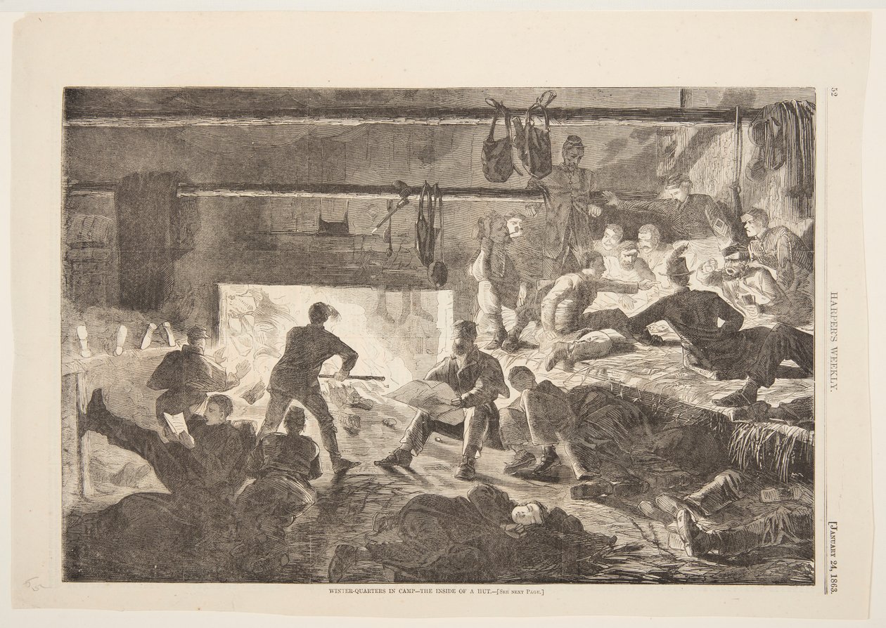 Winter-Quarters in Camp - Inside of the Hut tekijältä Winslow Homer