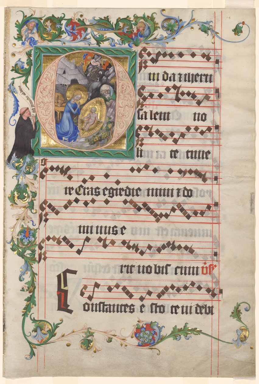 Bifolio antifonaarista: Historiated Initial O with the Nativity tekijältä after a work attributed to Zhou Wenju