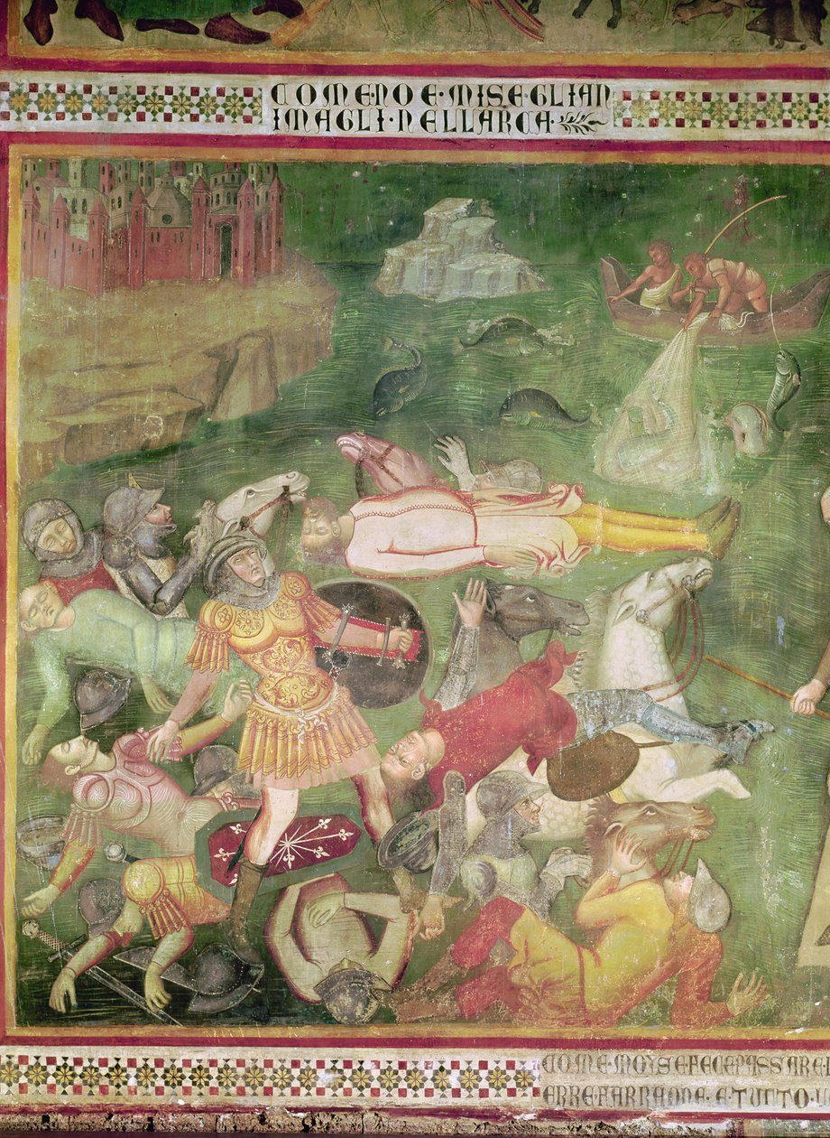 Punaisen meren ylittäminen, yksityiskohta faraosta hukkumassa armeijansa kanssa Vanhan testamentin kohtauksista, 1356-67 tekijältä also Manfredi de Battilori Bartolo di Fredi