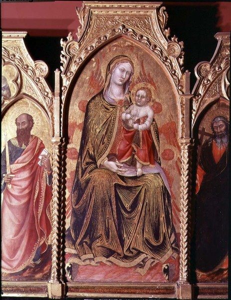 Gerard Cossassi degli Assin alttaritaulu, yksityiskohta keskipaneelista, joka kuvaa Madonnaa ja lasta istumassa (öljy paneelissa) tekijältä also Manfredi de Battilori Bartolo di Fredi
