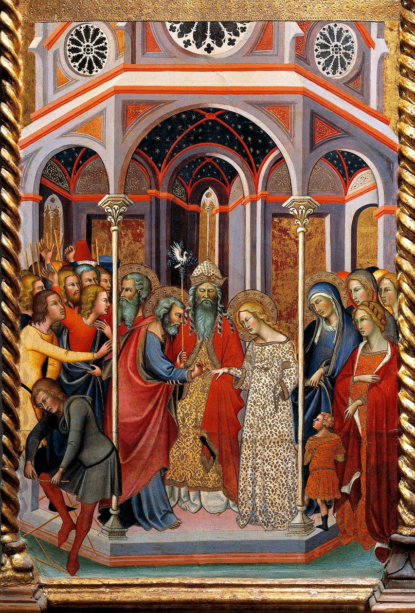 Neitsyten häät, yksityiskohta alttaritaulusta, joka esittää Bartolo di Fredin (1330-1410) Neitsyttarinat tekijältä also Manfredi de Battilori Bartolo di Fredi
