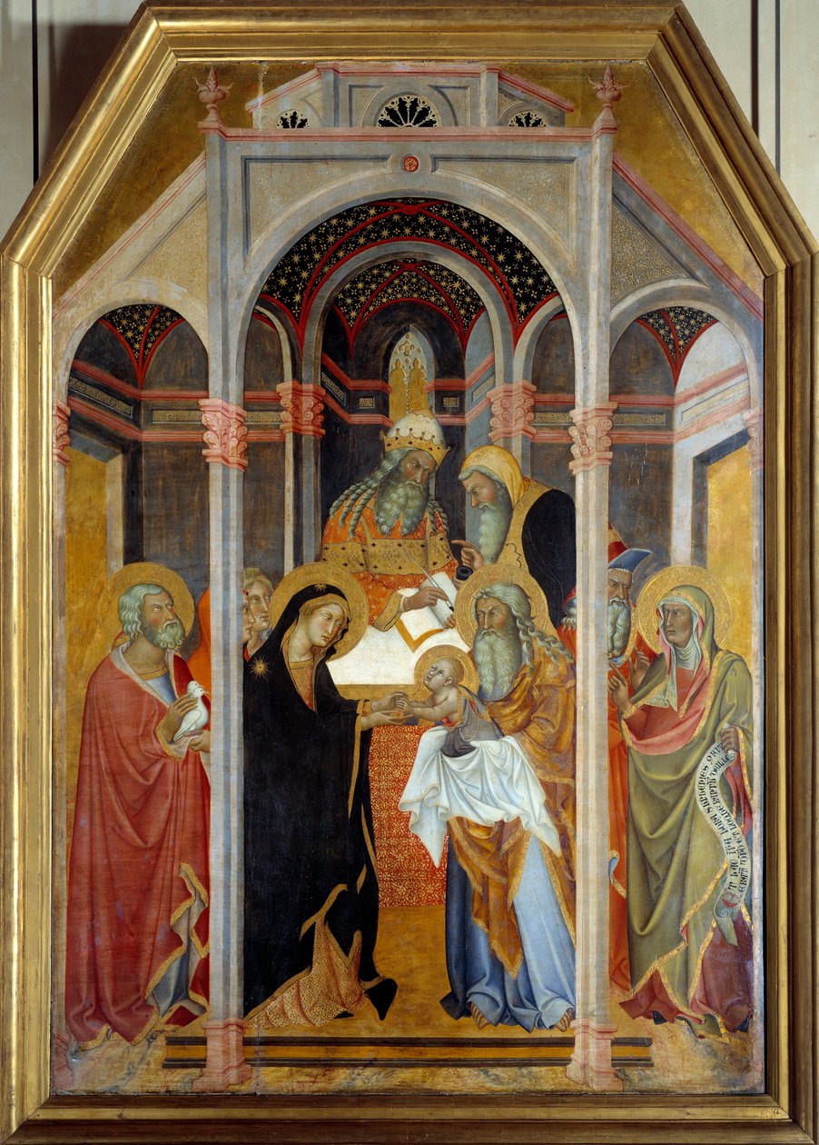 Esittely temppelissä Bartolo di Fredin (1330-1410) maalaus puulle 1300-luvun su. 1,9x1,25 m tekijältä also Manfredi de Battilori Bartolo di Fredi