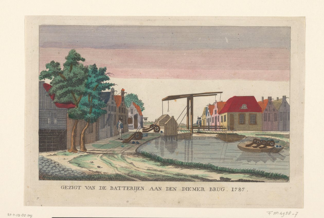 Akku Diemerbrugissa, 1787 Näkymä akuista Diemer Bridge 1787:ssä (otsikko esineessä) Akut Amsterdamin ympäristössä vuonna 1787 (saksankieliset kopiot) (sarjan nimi) tekijältä anonymous (attributed to)