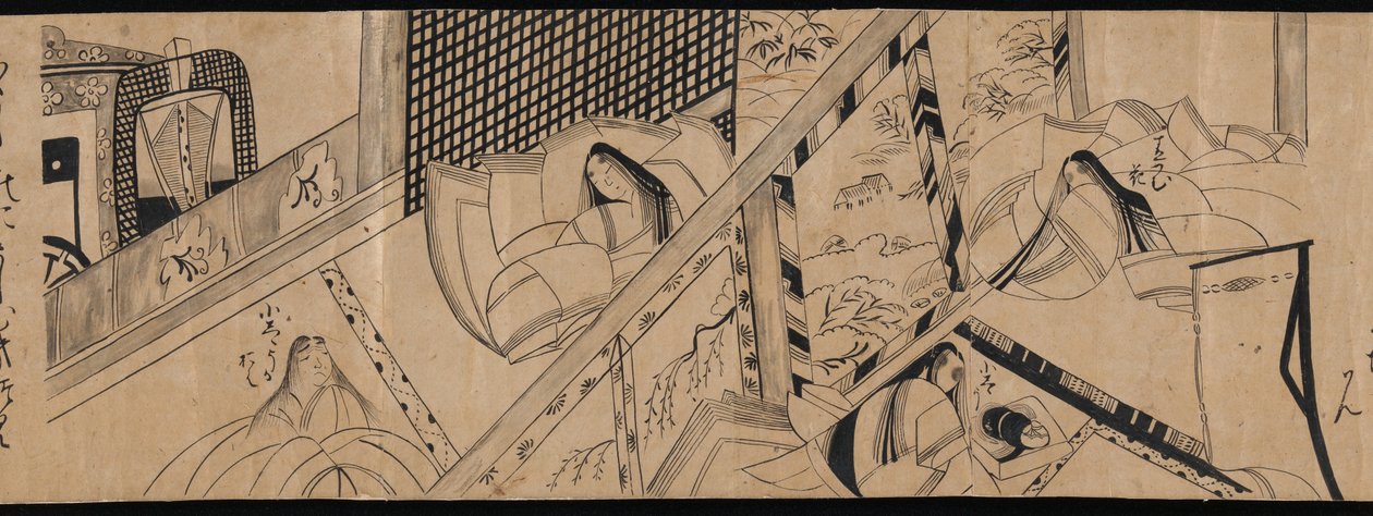 "Akashi", "Kanavapoijut" ("Miotsukushi"), "Koiruoho" ("Yomogiu"), "Porttitalo" ("Sekiya") ja "Kuvakilpailu" ("E-awase") luvut Genjin tarinasta (Genji monogatari). tekijältä anonymous 