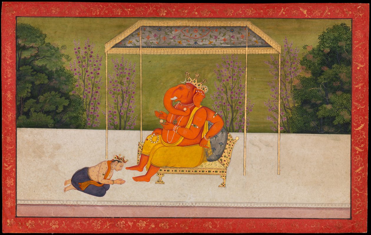 "Indra palvelee valtaistuimella istuvaa norsupääjumala Ganeshaa." Folio Tehri Garhwalin Gita Govindan sarjasta. tekijältä anonymous 