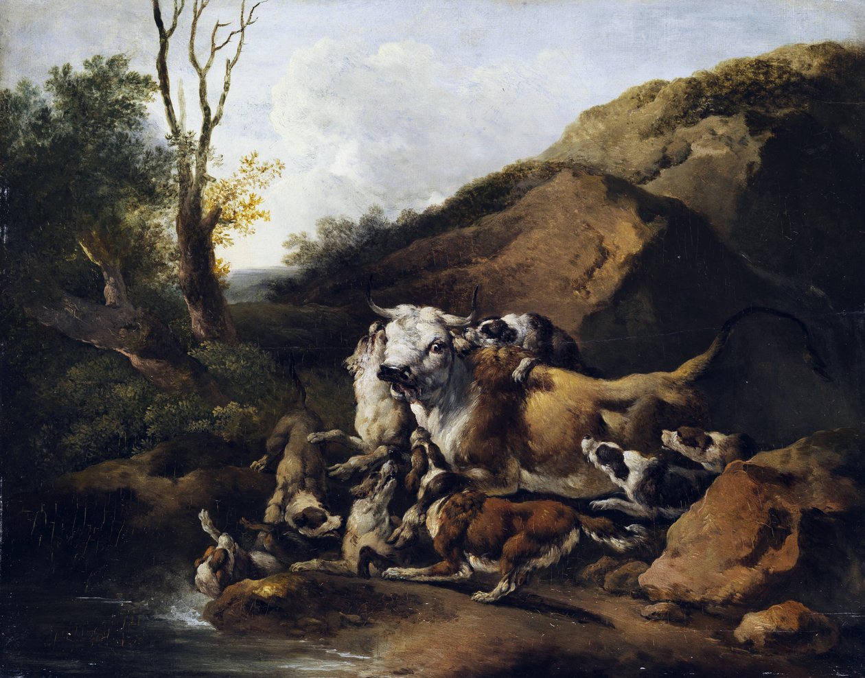 Auerochse im Kampf gegen eine Jagdhundmeute tekijältä attributed to Johann Heinrich Roos