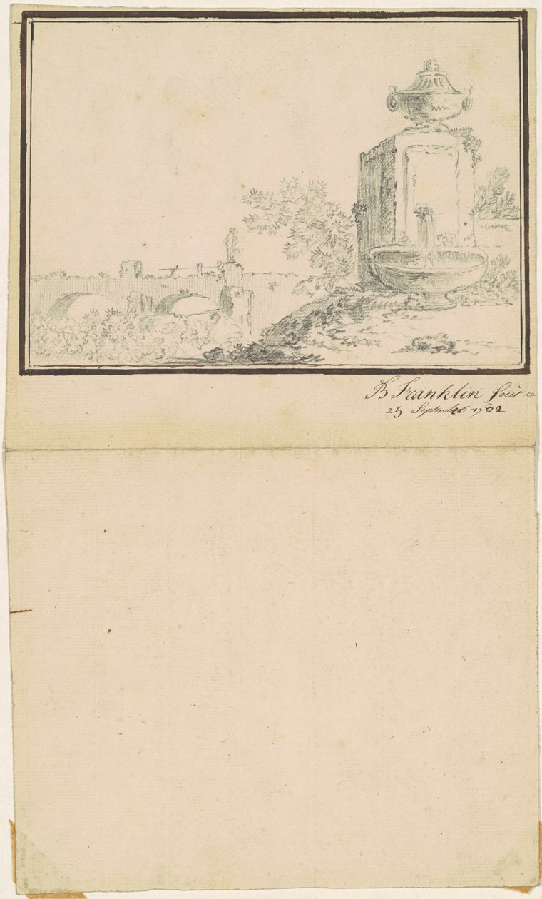 Maisema suihkulähteellä tekijältä attributed to Benjamin Franklin Bache