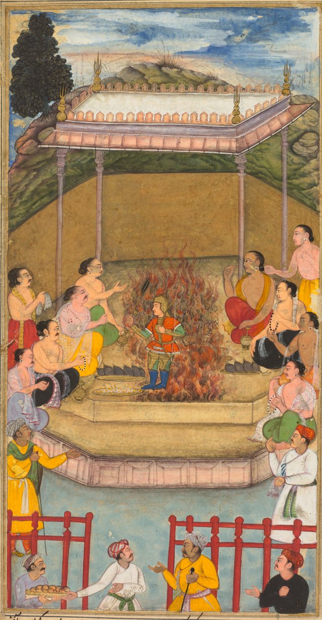 Yaja ja Upayaja suorittavat uhrauksen Dhrishtadyumnan nousemiseksi tulesta Mir Ghiyath al-Din Ali Qazvinin, joka tunnetaan nimellä Naqib, Razm-naman (Sotien kirjan) Adi-parvasta (ensimmäinen osa), jonka on muokannut ja kääntänyt persiaksi. Khan (persia, k. tekijältä attributed to Bilal Habshi (probably Ethiopian, active late 1500s)