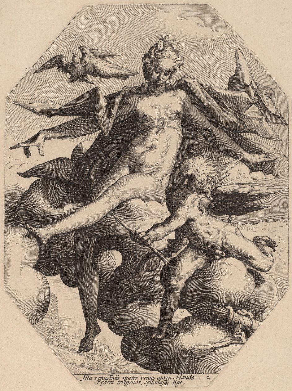 Venus ja Cupid tekijältä attributed to Jacob Matham, after Hendrick Goltzius