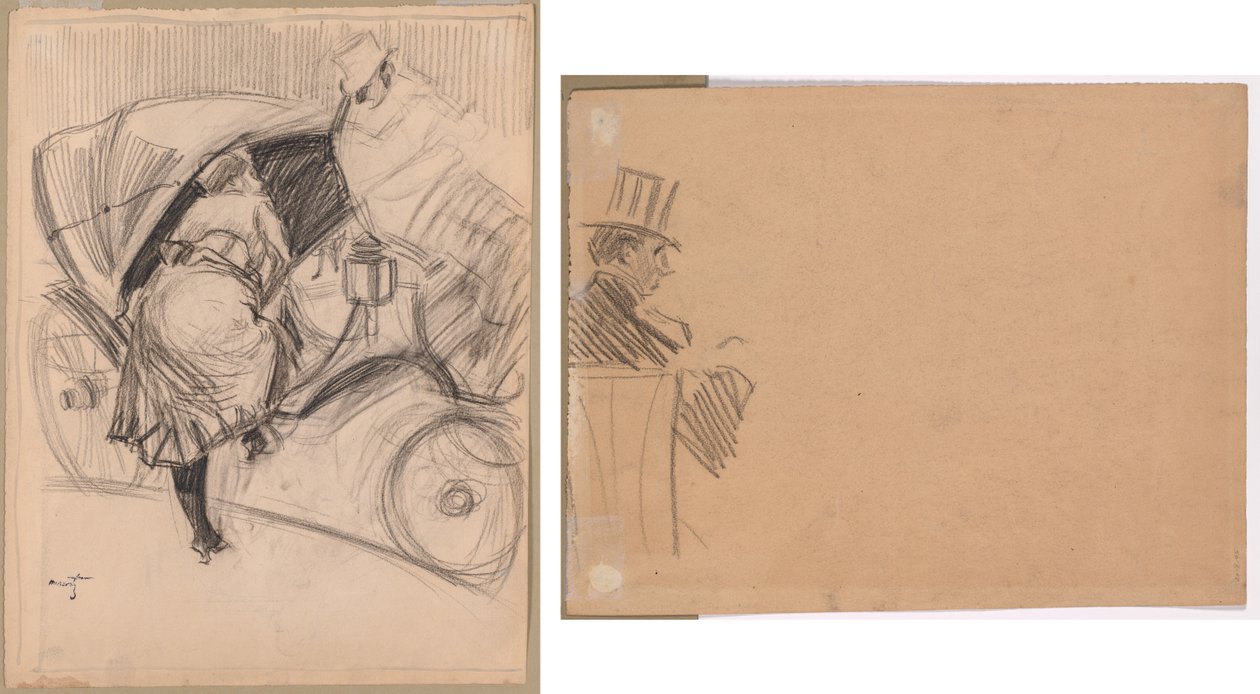 Nainen astumassa Fiacre (recto); Oikea profiili miehestä, jolla on pitkä hattu (käänteinen) tekijältä attributed to Jean Louis Forain