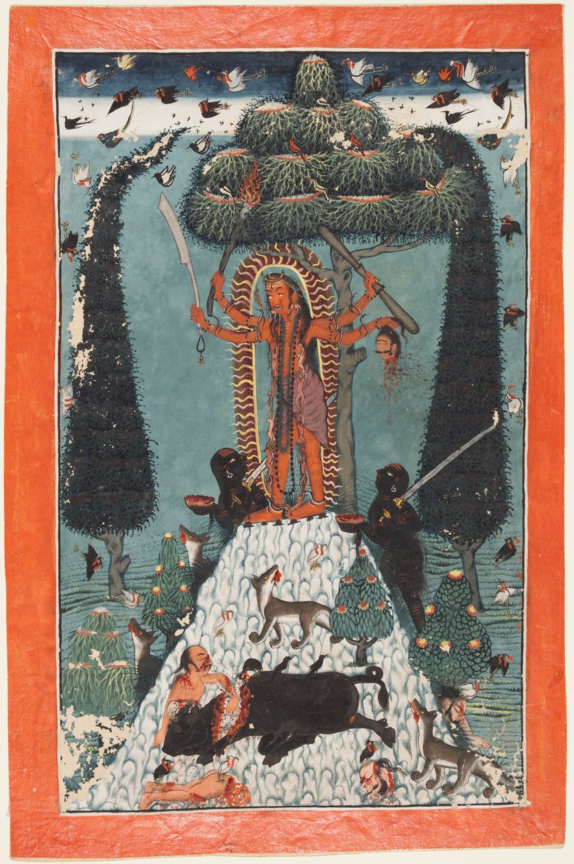 Jumalatar Kali seisoo vuoren huipulla tekijältä attributed to Master of the court of Mandi