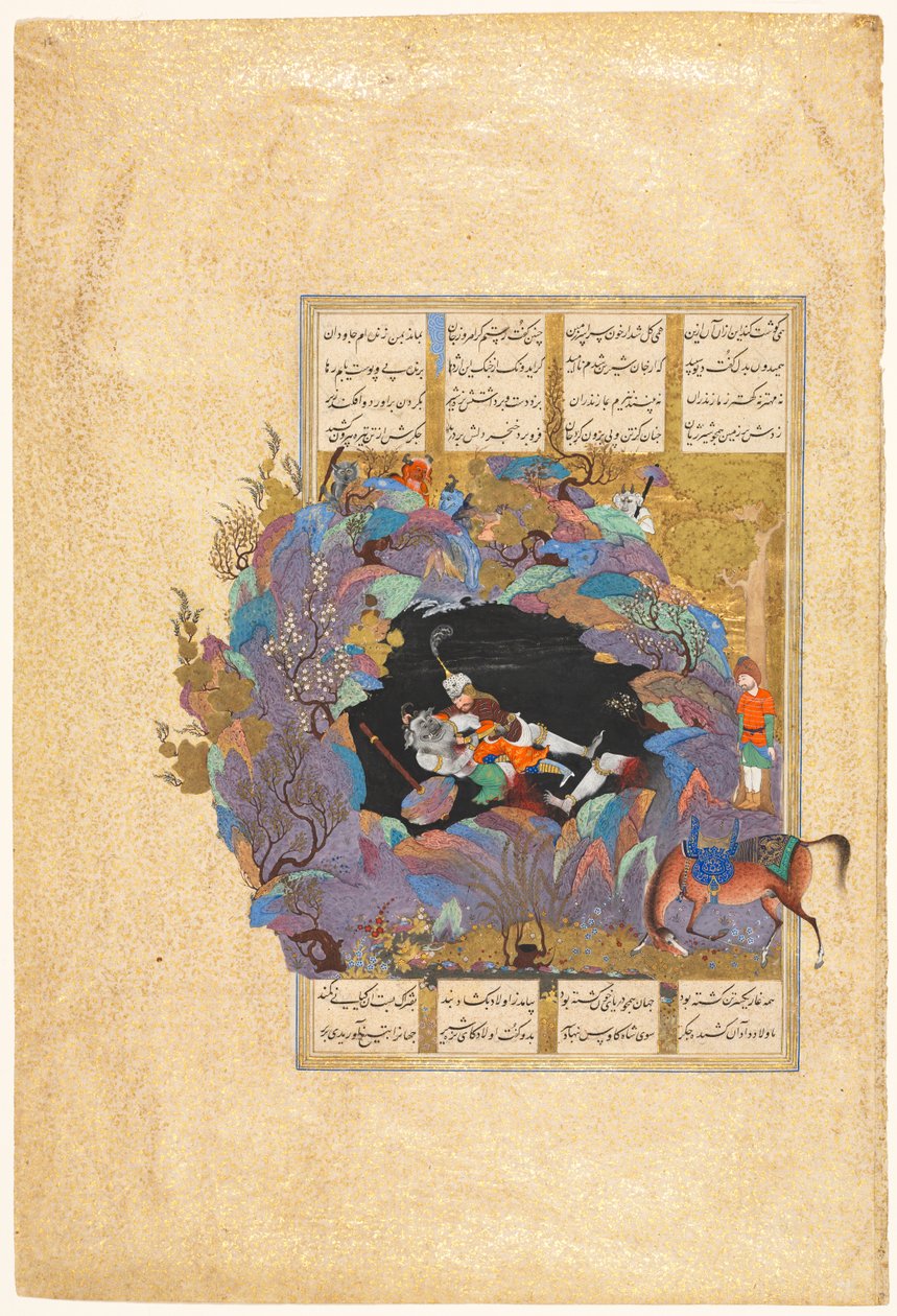Rustamin seitsemäs kurssi: Hän tappaa Firdausin (persialainen, noin 934-1020) Shah-naman (kuninkaiden kirja) folion 124 tekijältä attributed to Mir Musavvir