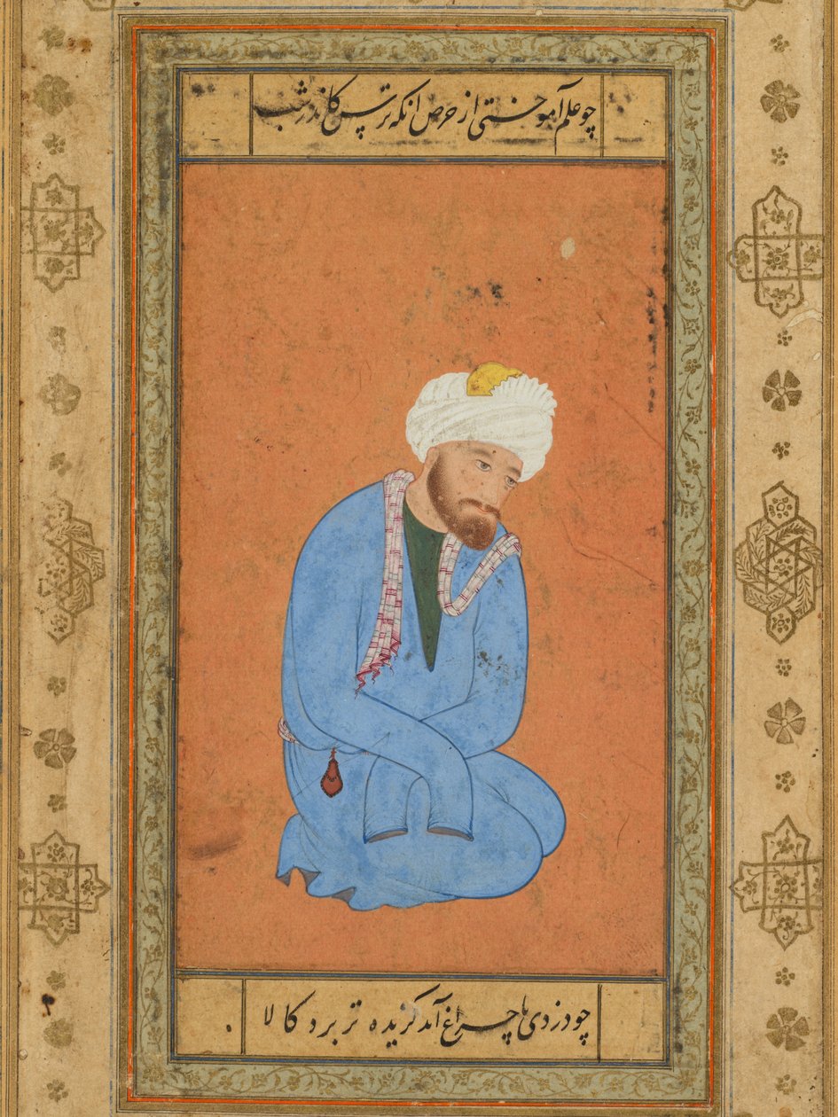 Polvistuvan pyhän miehen muotokuva Prinssi Salim -albumista tekijältä attributed to Mir Sayyid Ali (Persian, active in India