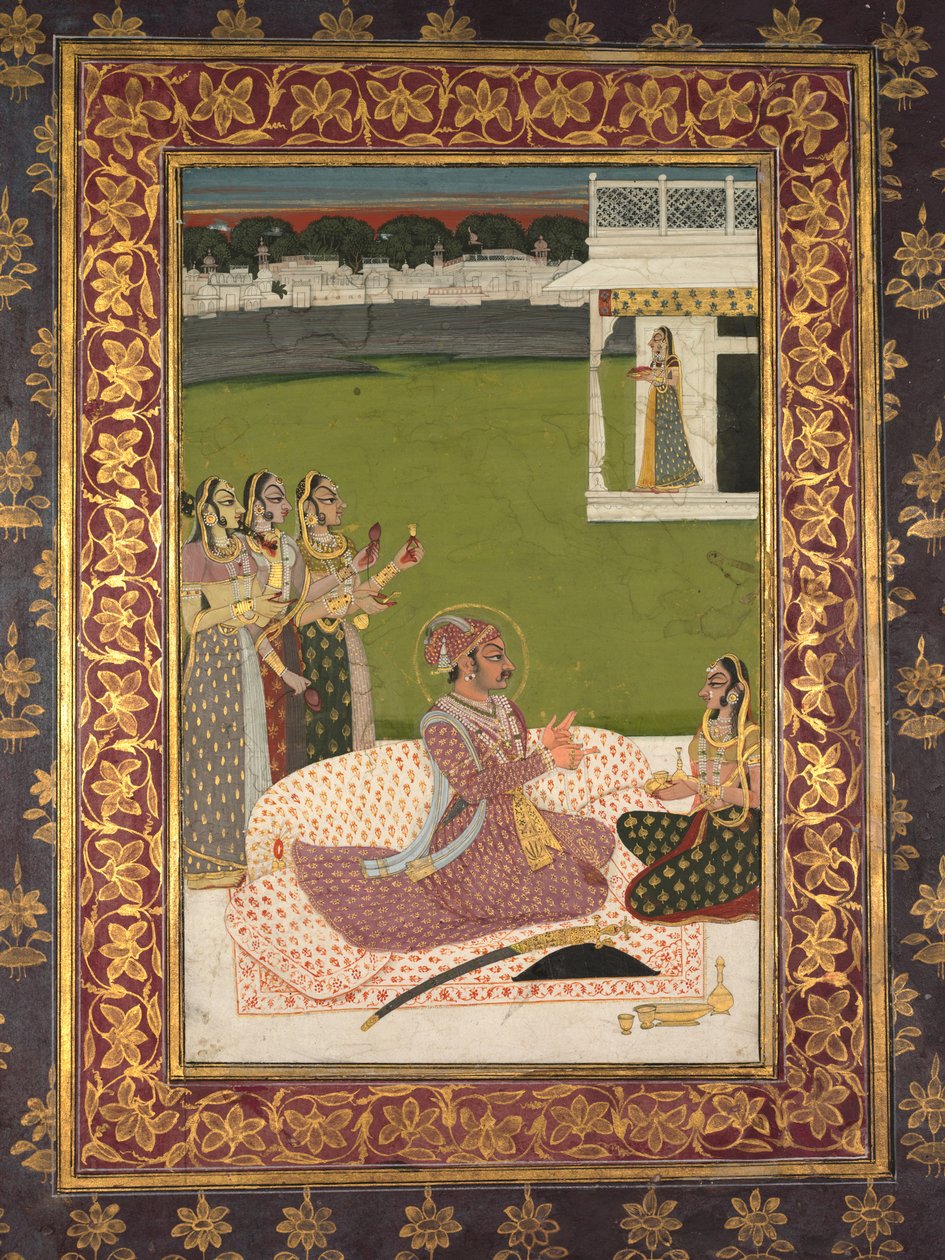 Muotokuva Maharaja Savant Singhistä puolison Bani Thanin kanssa tekijältä attributed to Nihal Chand