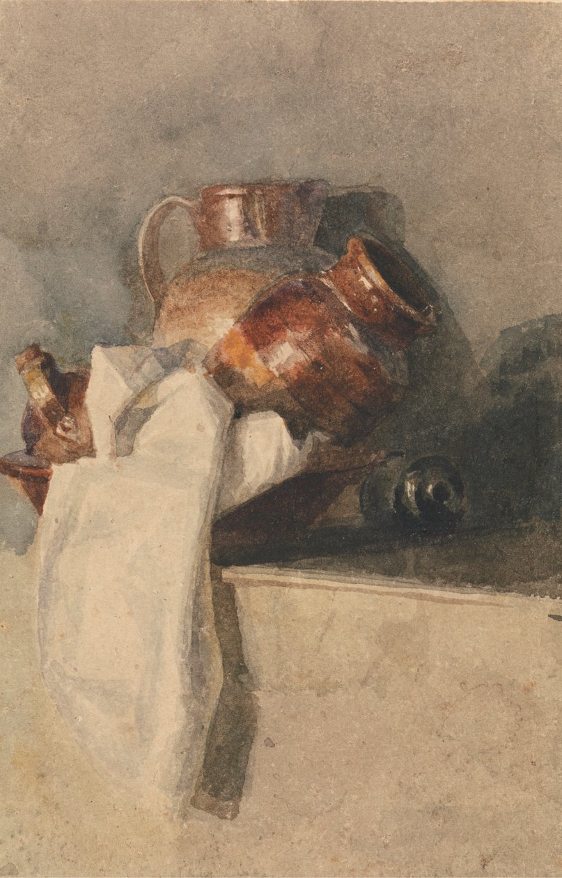 Asetelma kannujen kanssa hyllyllä tekijältä attributed to Peter DeWint