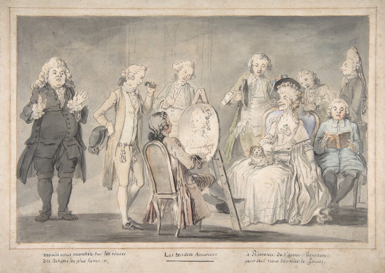 Satiirinen piirustus: Taiteilija maalaa vanhan naisen muotokuvan, 1729-1804. tekijältä attributed to Pietro Antonio Novelli.