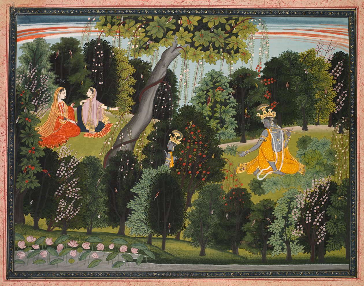Sakhi suostuttelee Radhan tapaamaan Krishnaa Jayadevan Gita Govindasta (Lehmänpaimenen laulu) tekijältä attributed to Purkhu