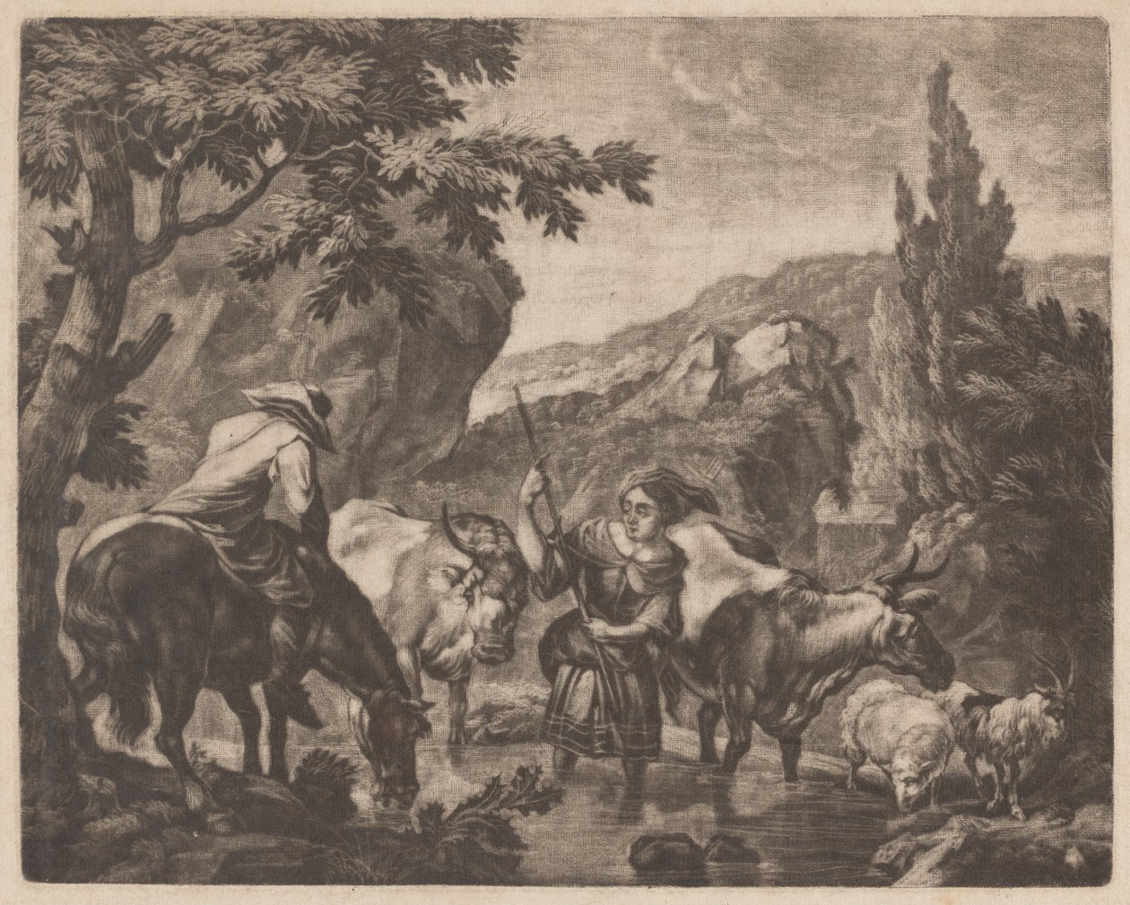 Nautaa pyörittelemässä virtaa tekijältä attributed to Robert Robinson,after Nicolaes Pietersz Berchem