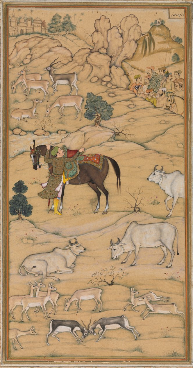 Akbar nostaa hevosensa; sivu Chester Beatty Akbar Namasta (Akbarin historia) tekijältä attributed to Sur Das Gujarati