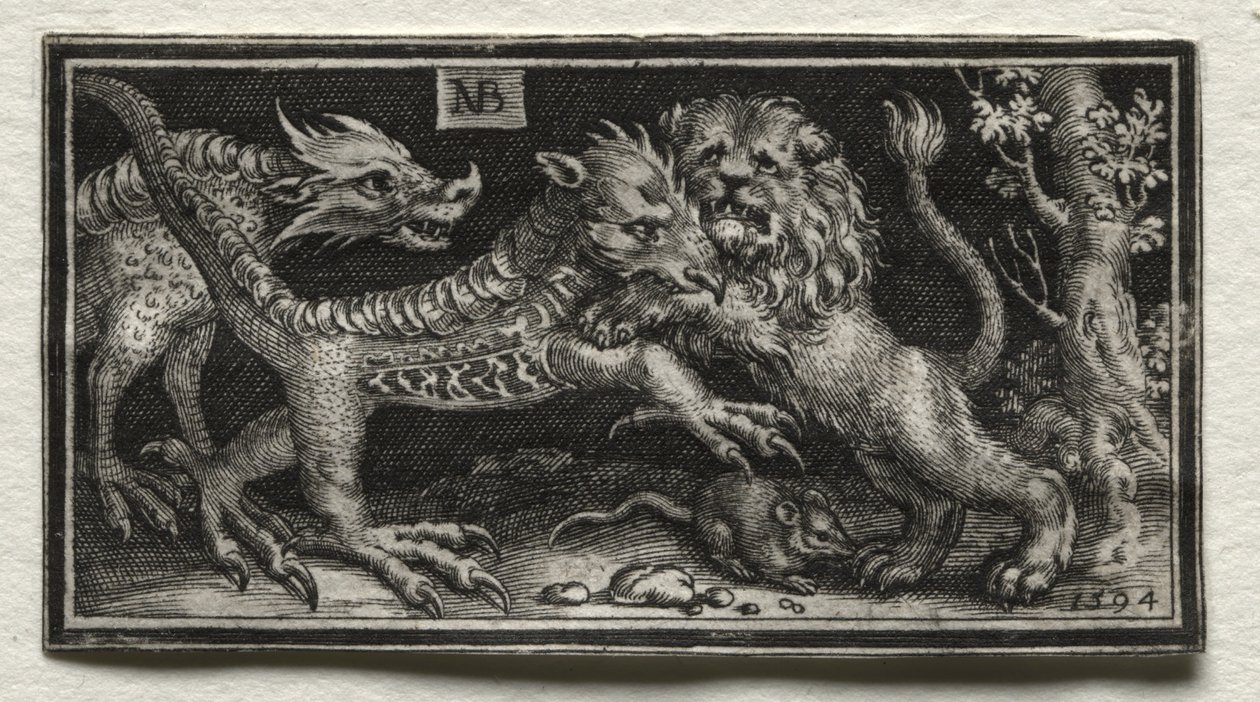 Leijona taistelee kahden pedon kanssa tekijältä attributed to Tobias Stimmer