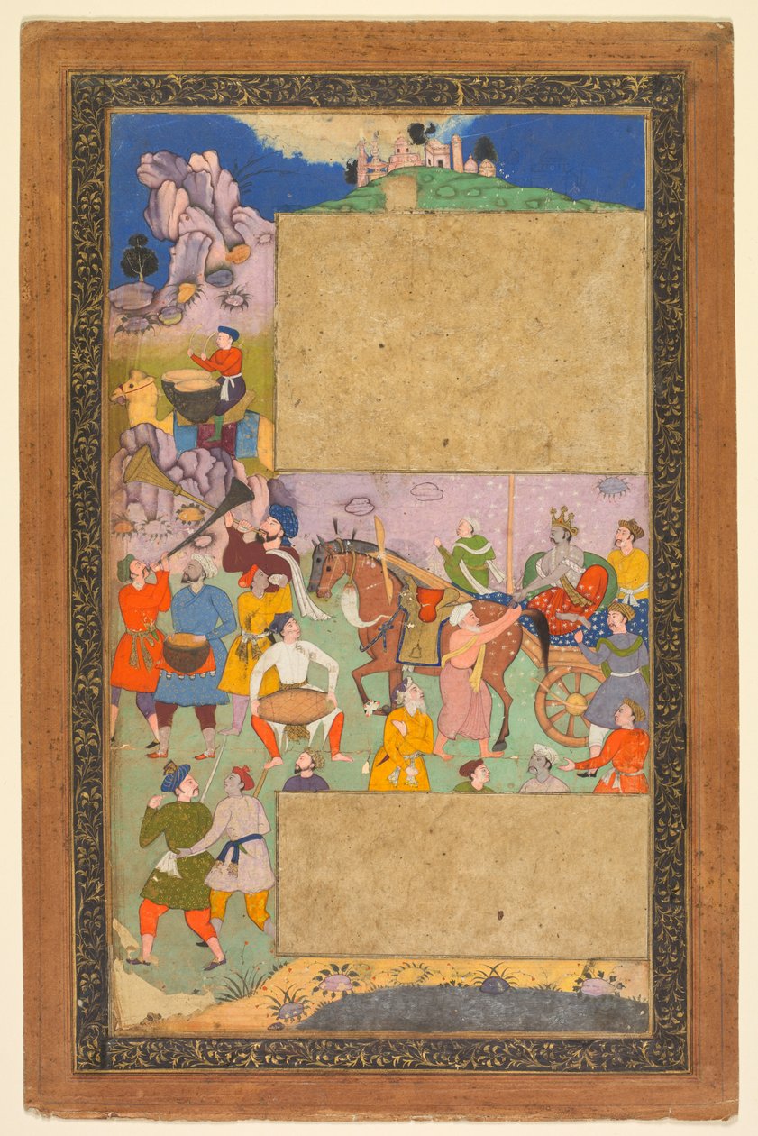 Ratsastaja, joka ratsastaa kivikkoisen maiseman halki jalkamiehiä ja muusikoita, sivu Razm-namasta (Sotien kirja), joka on muokattu sanskritin kielestä Mahabharata ja jonka persiaksi on kääntänyt Mir Ghiyath al-Din Ali Qazvini, joka tunnetaan nimellä Naqib tekijältä attributed to Yusuf Ali
